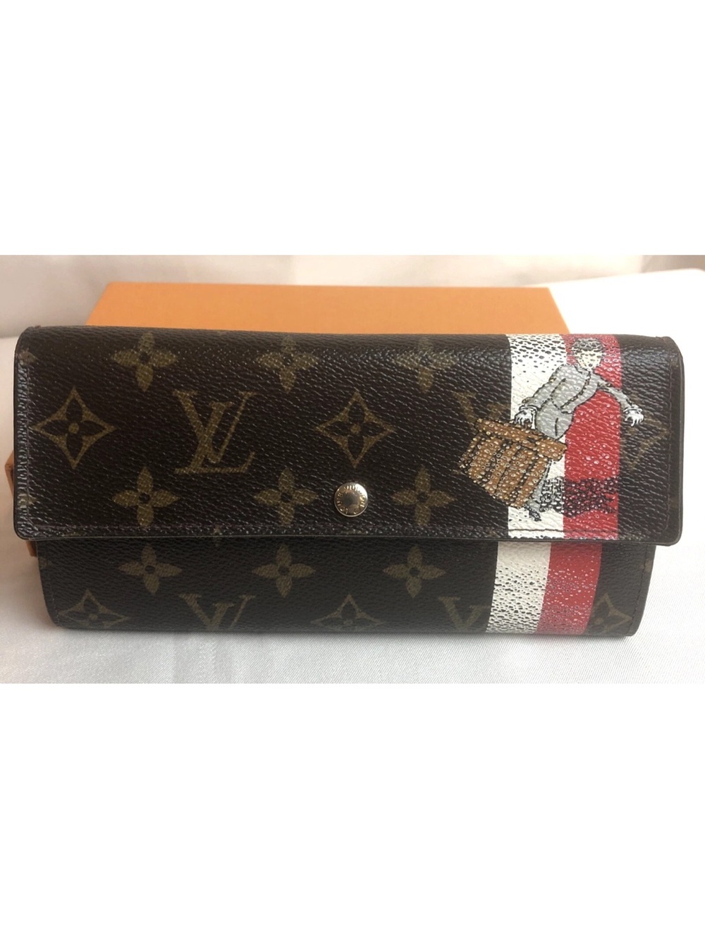 Louis Vuitton Brown Monogram Wallet with Red & White Stripe Graphic